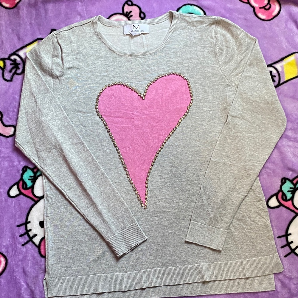 Magaschoni ✨ Gray Sweater with Pink Rhinestone Heart Design